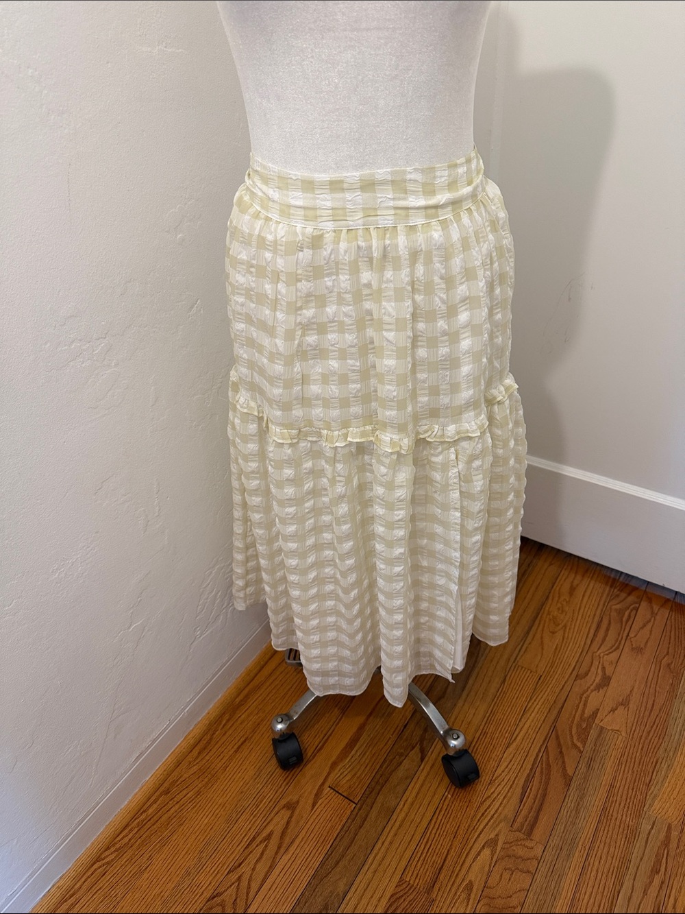 Walter Baker Beige Gingham Tiered Midi Skirt